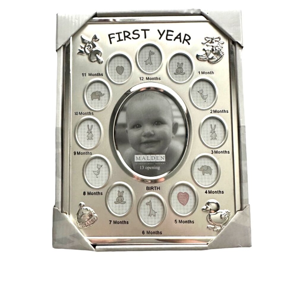 Baby's First Year Collage Picture Frame Silver Mirror 13 Openings NIB Vintage